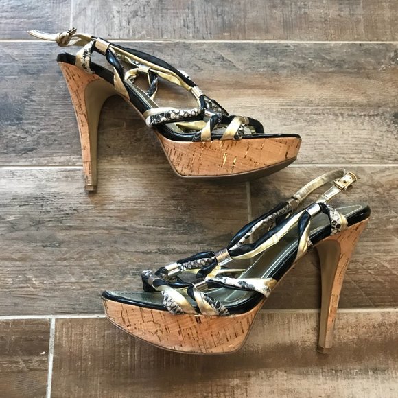 Guess Metallic Gold and Black Snakeskin Heels 10 - Picture 1 of 8